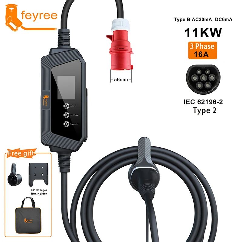 Feyree-cargador EV portátil tipo 2 para vehículo eléctrico, caja de carga trifásica EVSE, Cable de 5M con enchufe CEE, 11KW, 16A, IEC62196-2