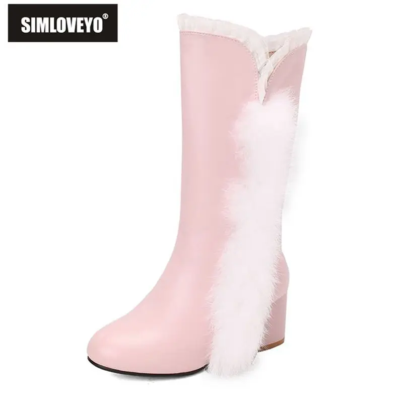 

SIMLOVEYO 2024 Fashion Sweet Princess Boots Round Toe Block Heels 5cm Zipper Big Size 41 42 43 Winter Women Mid Calf Dating Bota