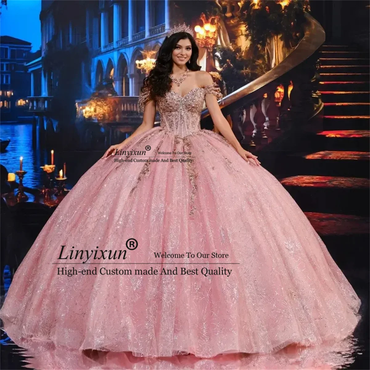 

Customized Shiny Quinceanera Dresses Sequin Appliques Lace Ball Gown Off shoulder Vestidos De 15 Anos Birthday Sweet 16 Dress