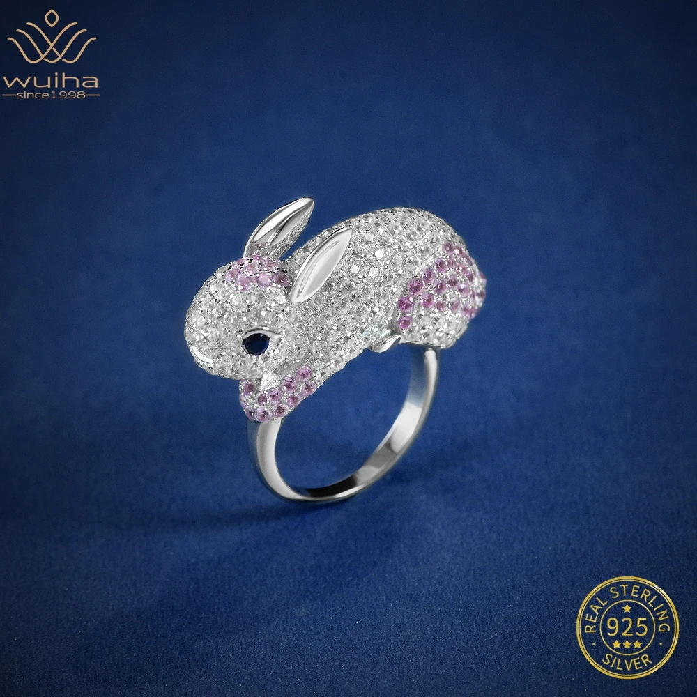 

WUIHA Real 925 Sterling Silver 3EX VVS1 White Pink Blue Simulated Moissanite Gemstone Rabbit Ring for Women Gift Drop Shipping