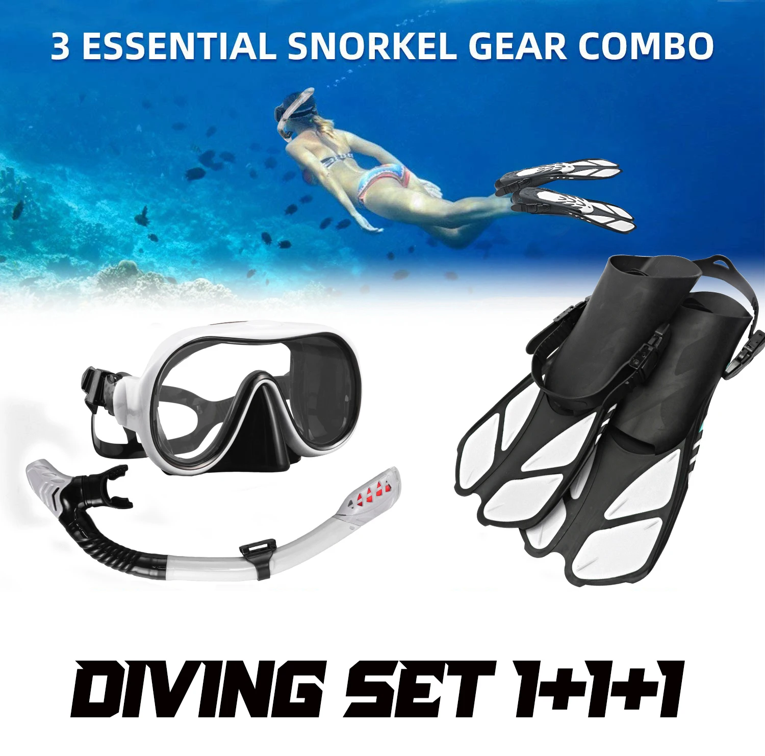 JSJM New Diving Set 1+1+1 Professional Scuba Diving Mask Equipment Diving Glasses HD Anti Fog Mask Snorkeling Snorkel Flippers