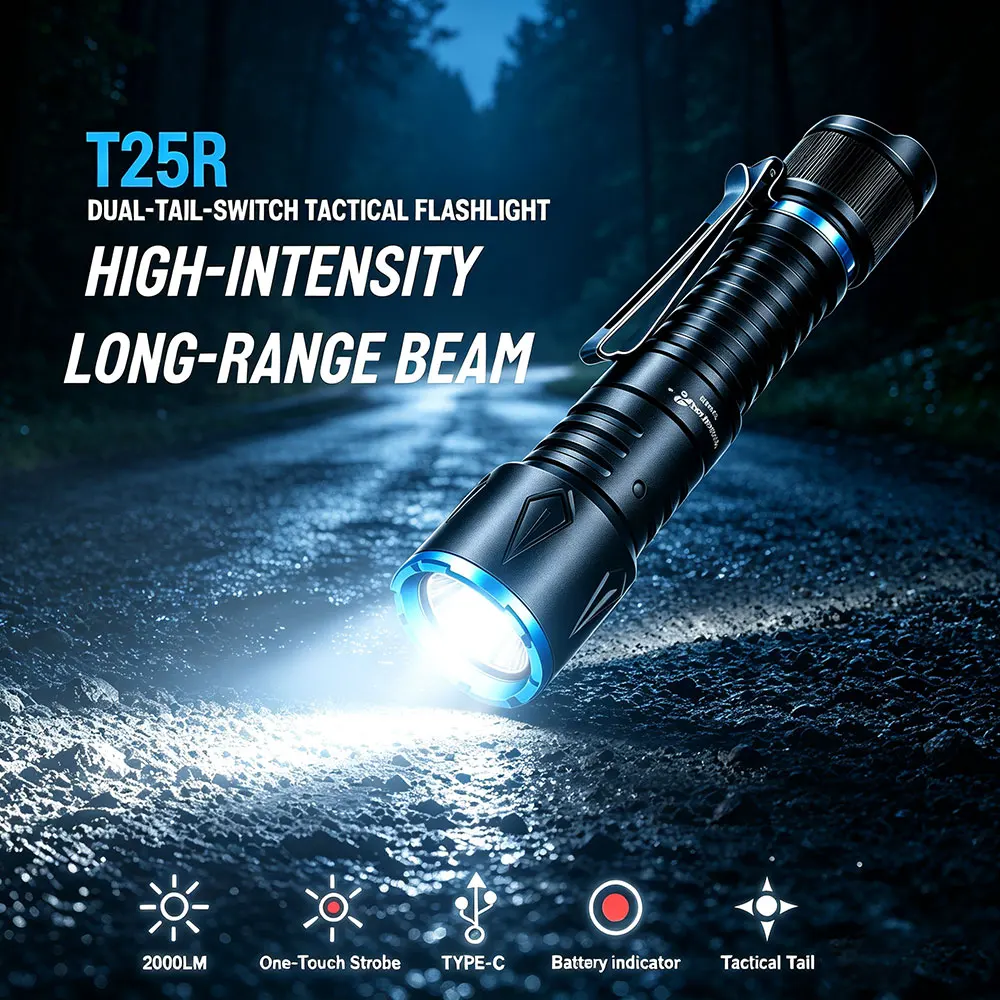 Trustfire T25R 2000 Lumen Dual-Tail-Switch Tactical Flashlight One-Touch Strobe Type-C Rechargeable Battery IPX7 Waterproof