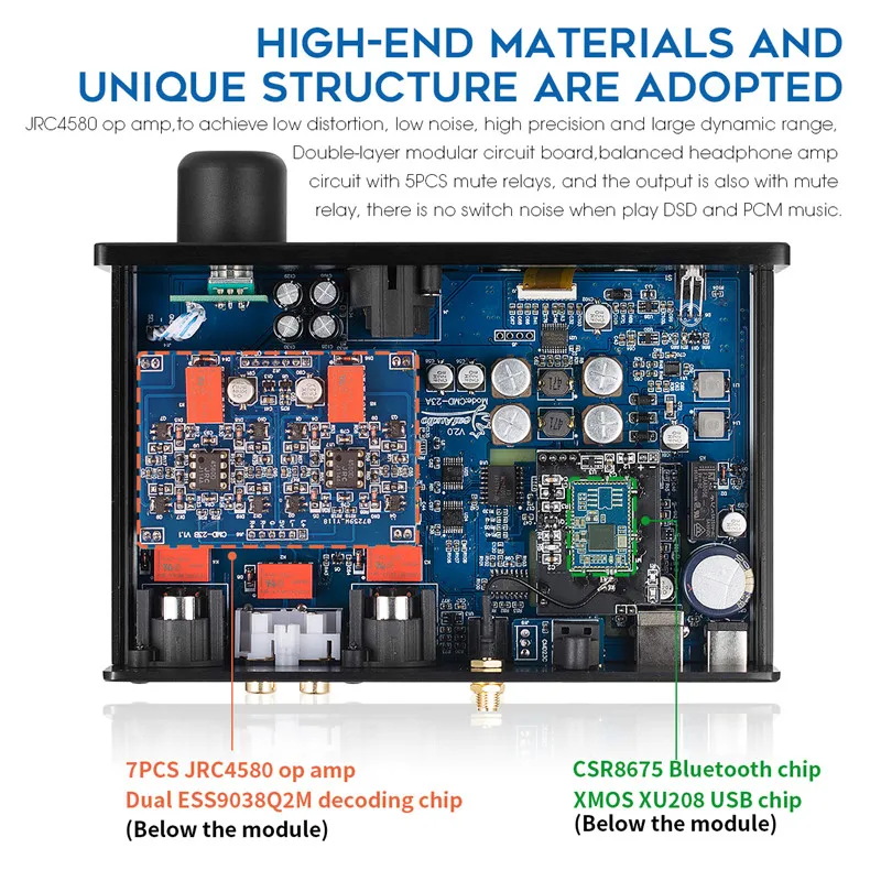 Dual 9038Q2M Decoder CSR8675 BT 5.0 Empfänger XMOS USB DAC S/PDIF Koaxial TOSLINK Optischer IIS Digital-Analog-Konverter