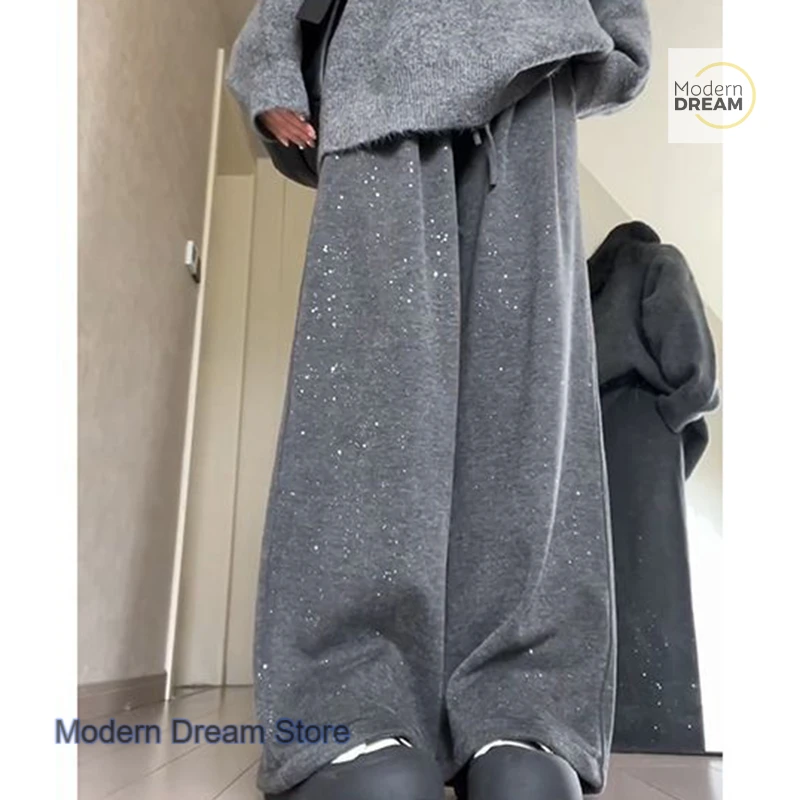 Korean style grey rhinestone glutinous rice pants women's spring and autumn new shiny design sense small casual wide-leg pants.