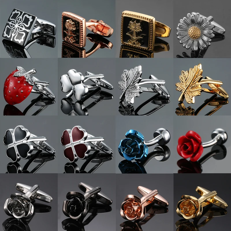 أزرار أكمام للقميص الفرنسي للرجال ، ورود الحب الحلوة ، برسيم الحظ ، أوراق القيقب ، إكسسوارات بدلة العمل ، مجوهرات رومانسية ، زر الكفة #1