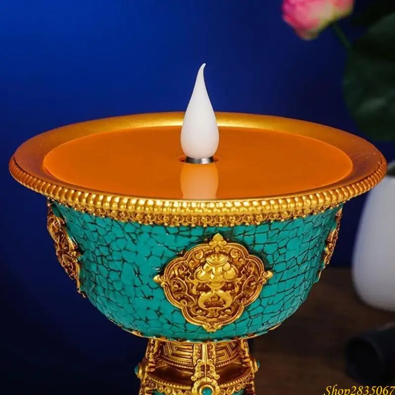 Rechargeable Holder Tibetan Electronic Butter Lamp Buddhist Table Centerpiece LED Simulated Flame Home Decorations 831F
