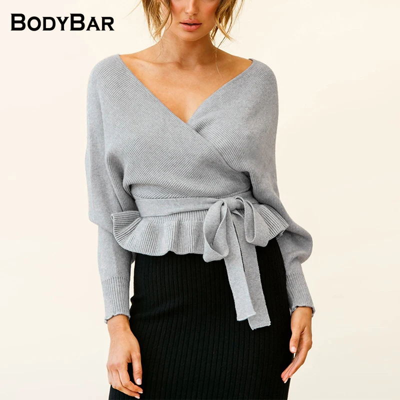 

Sexy V-neck Knitted Pullover Autumn Winter Lantern Long-sleeved Solid Color Top Ladies Office Oversize T-shirt Fashion Clothing