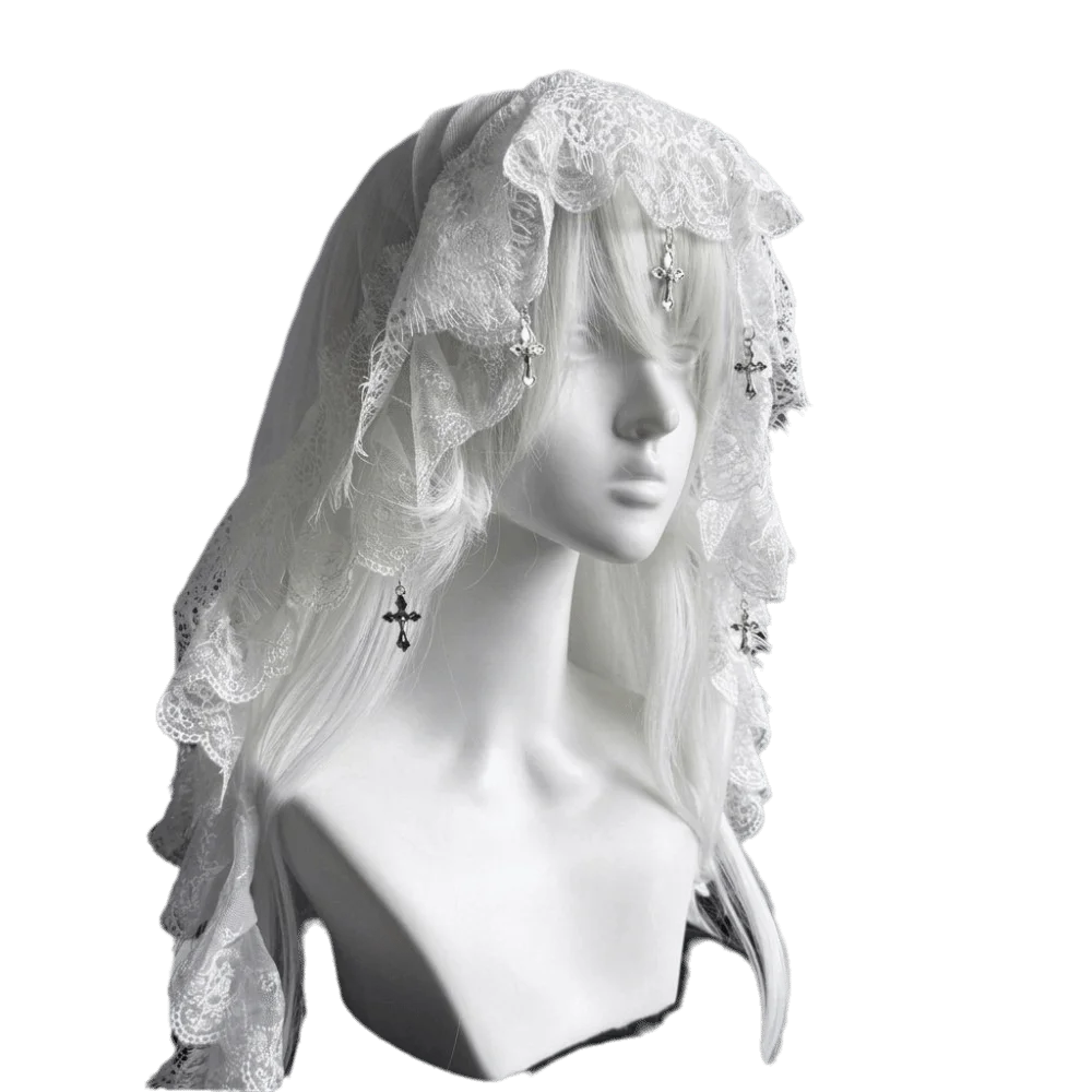 Lolita Gothic Lace Headscarf Veil Vintage Lace Cross Pendant Tulle Headscarf Fallen Angel Y2K Bride Veil Cos Photography