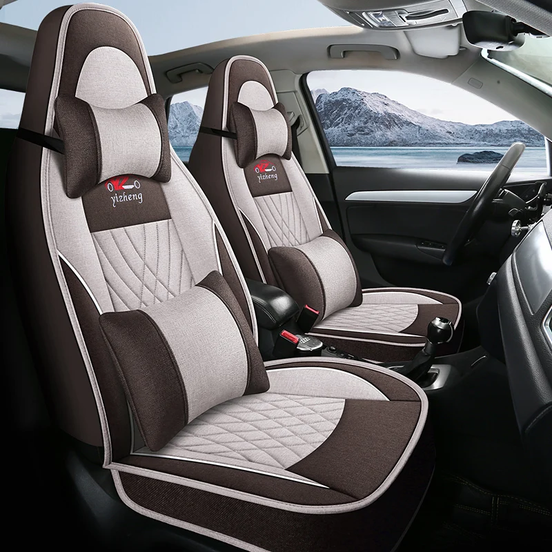 

Linen material, front two-seat car seat cover, headrest and lumbar support, suitable for models with one-piece head seats