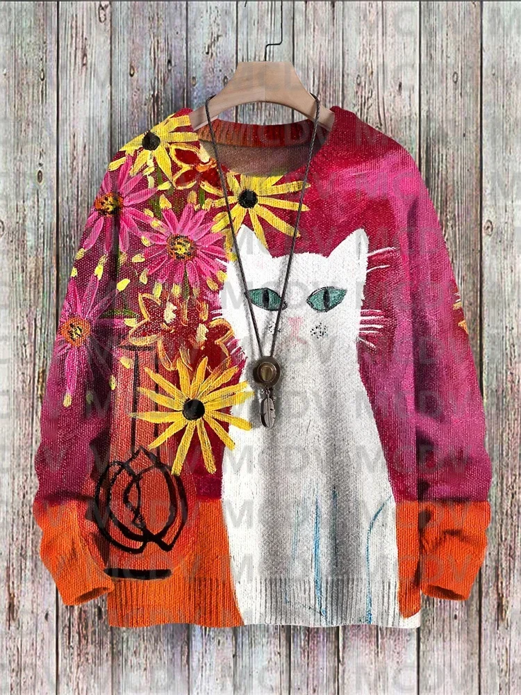 Sweater rajut motif bunga pria dan wanita, Sweater rajut seni cetak bunga kucing, Pullover wanita