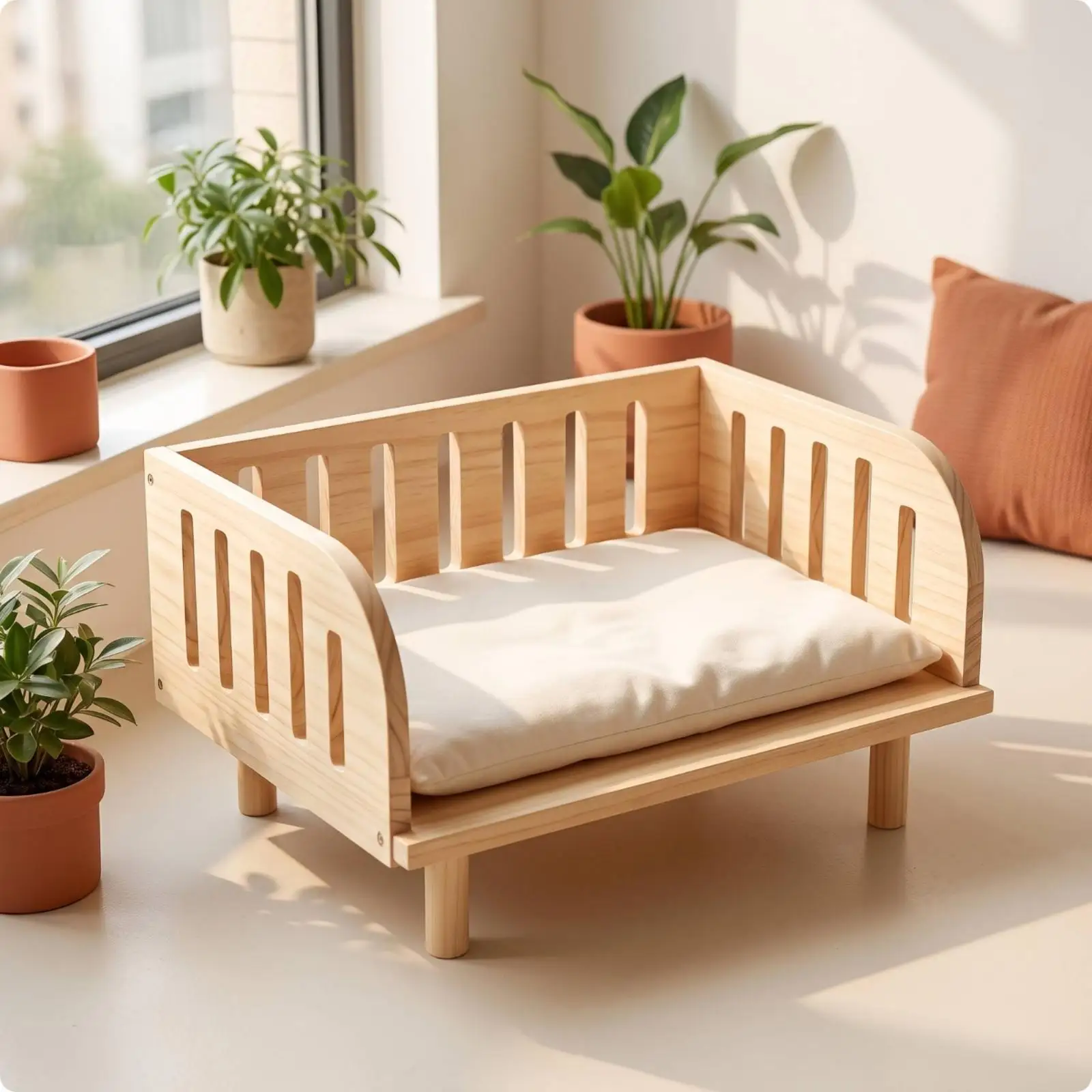 Solid Wood Wooden Pet Bed Ventilated Raised Pet Bed Rectangular Furniture