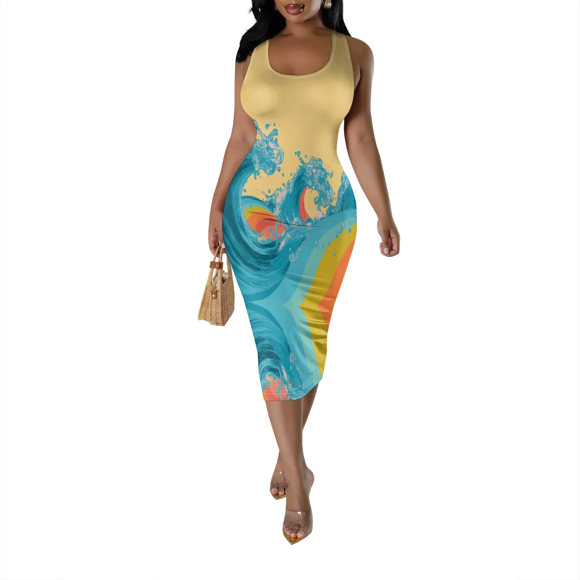 Ocean Wave Print Bodycon Midi Dress XS‑3XL Sleeveless Scoop Neck Style for Beach Vacation, Summer Outing or Tropical Resort Look