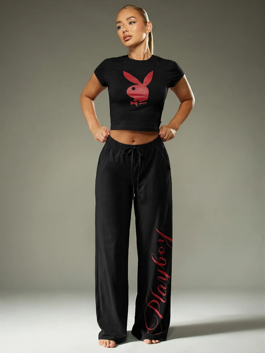 

Playboy Logo Crop Top And Wide Leg Pants Set