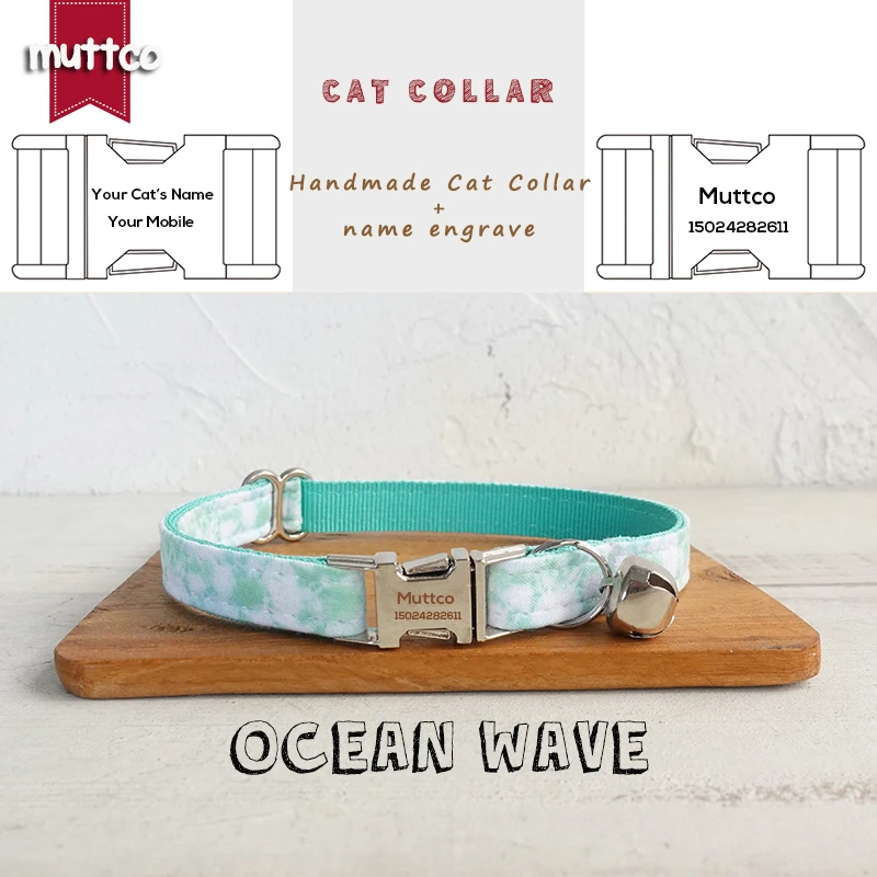 MUTTCO Retailing engraved cute and beautiful self-design personalized cat collars OCEAN WAVE handmade collar  2 sizes UCC136