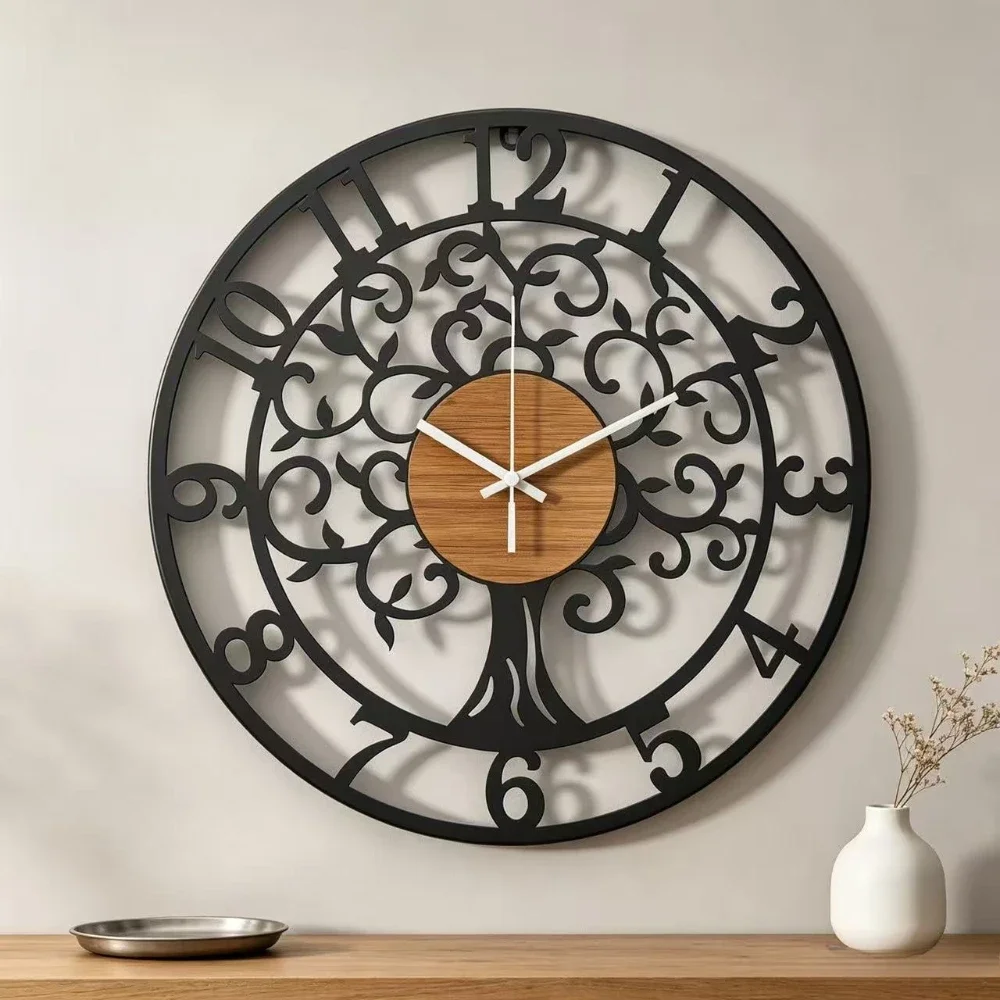 16 Inch Elegant Life Tree Iron Metal Wall Clock Silent Non-Ticking Home Decor Unique Design Living Room Bedroom Art Wall Watch