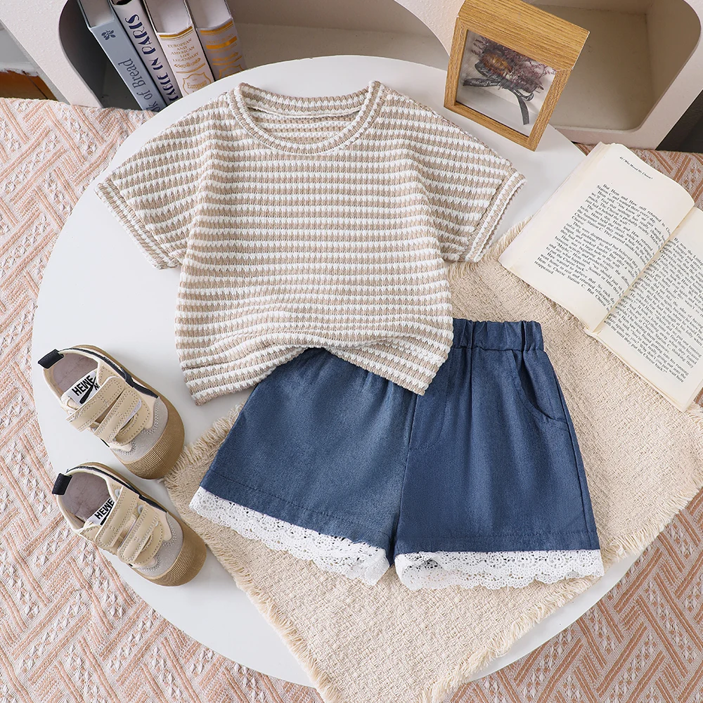 Girls' summer knitted striped short-sleeved T-shirt top + lace shorts two-piece casual set