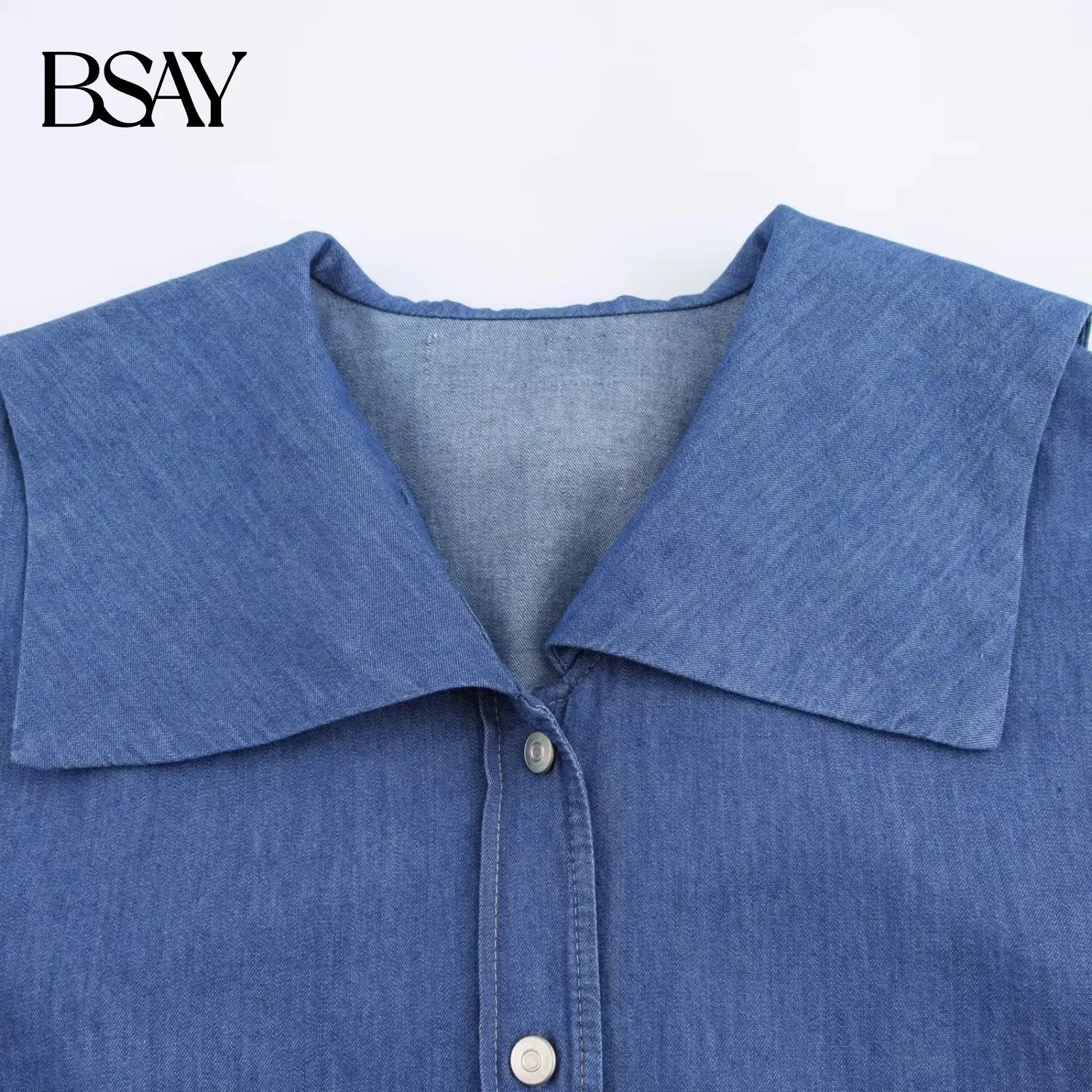 BSAY デニムシャツ女性のためのファッション秋冬新ソリッドカラー長袖シングルブレストラペルブラウスシックなレディーストップ