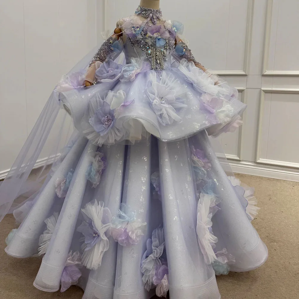 Customized Light Purple Flower Girl Dress Floor Length Crystal Wedding Gown With Turtle Neck For Kids Birthday