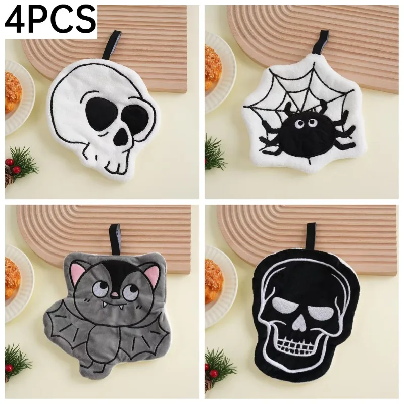 4PCS Thick Coral Fleece Halloween Skull Hand Towel Creative Hanging Towel Homestay Bathroom Halloween Themed Decor Small Towel