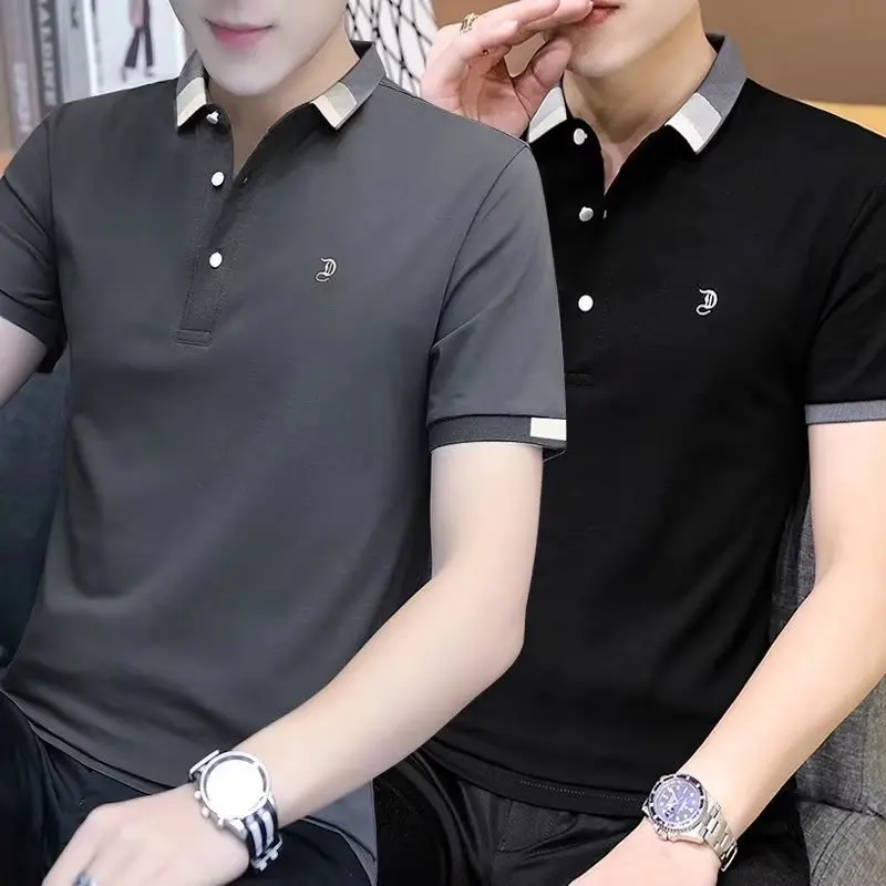 

Men's Short Sleeve Shirt Casual Spring Summer Style Basic T-Shirt Collared Underwear Top Polyester Fiber Plain Color