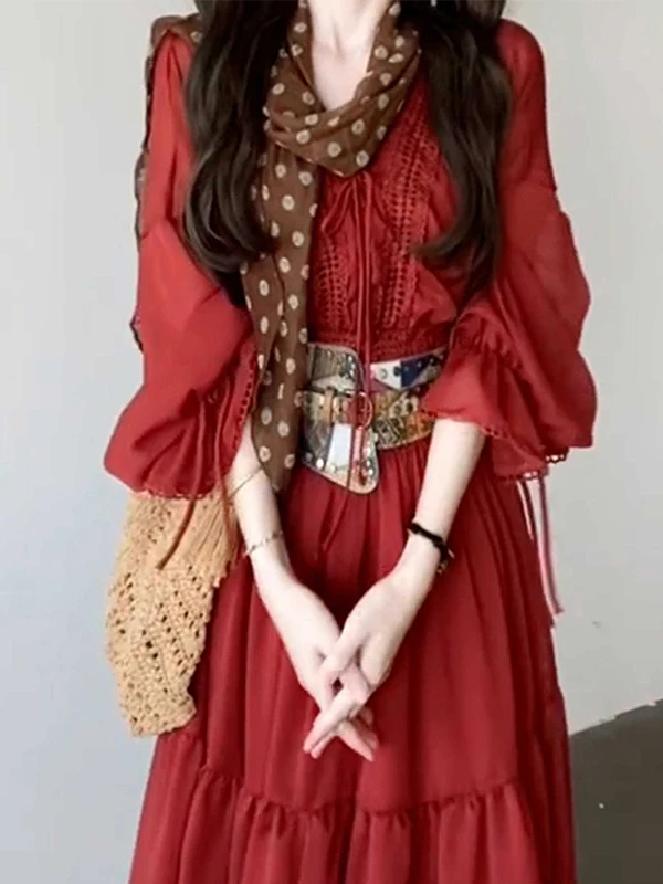 

Красное летнее платье 2025 года: новое, женское, длинное, с завышенной талией, праздничное, в этническом стиле, ультра-сказочное, с драпированной юбкой