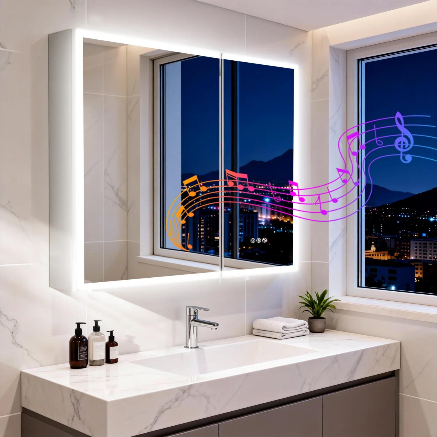 80x70cm LED Bluetooth Spiegelschrank für Badezimmer mit Lautsprechern, Verstellbaren Glasregalen, Doppeltüren, Medizinschrank zur Oberflächenmontage