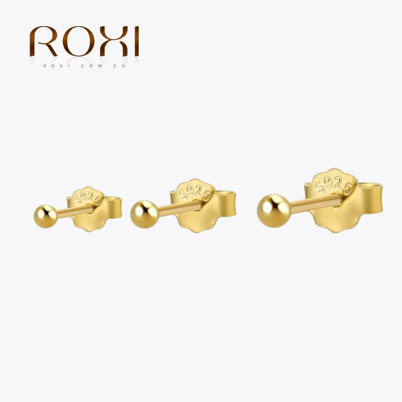 ROXI S925 스털링 실버 여성 귀걸이, 결혼 기념일 쥬얼리 선물, 라운드 비즈, 18K 금도금 스터드 귀걸이 세트, 3 개