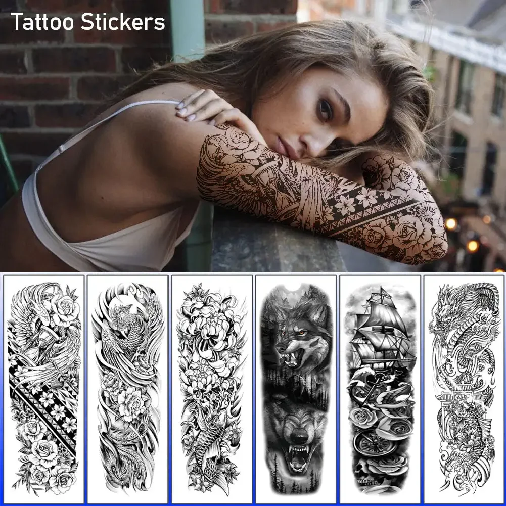 Tatouages temporaires à bras complet pour hommes et femmes, faux tatouages réalistes, guerrier, Lion, tigre, fleur, autocollant, Totem noir Maori