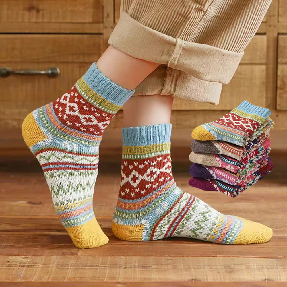 

1 пара/5 пар женских носков, осенне-зимние утолщенные теплые мягкие удобные модные средние носки, женские носки до середины икры, этнические носки в стиле ретро