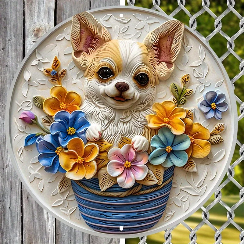 Chihuahua Dog Metal Sign with 3D Flower Wreath Design, Waterproof Aluminum Wall Art for Home Decor - 8x8 Inch (20cm)