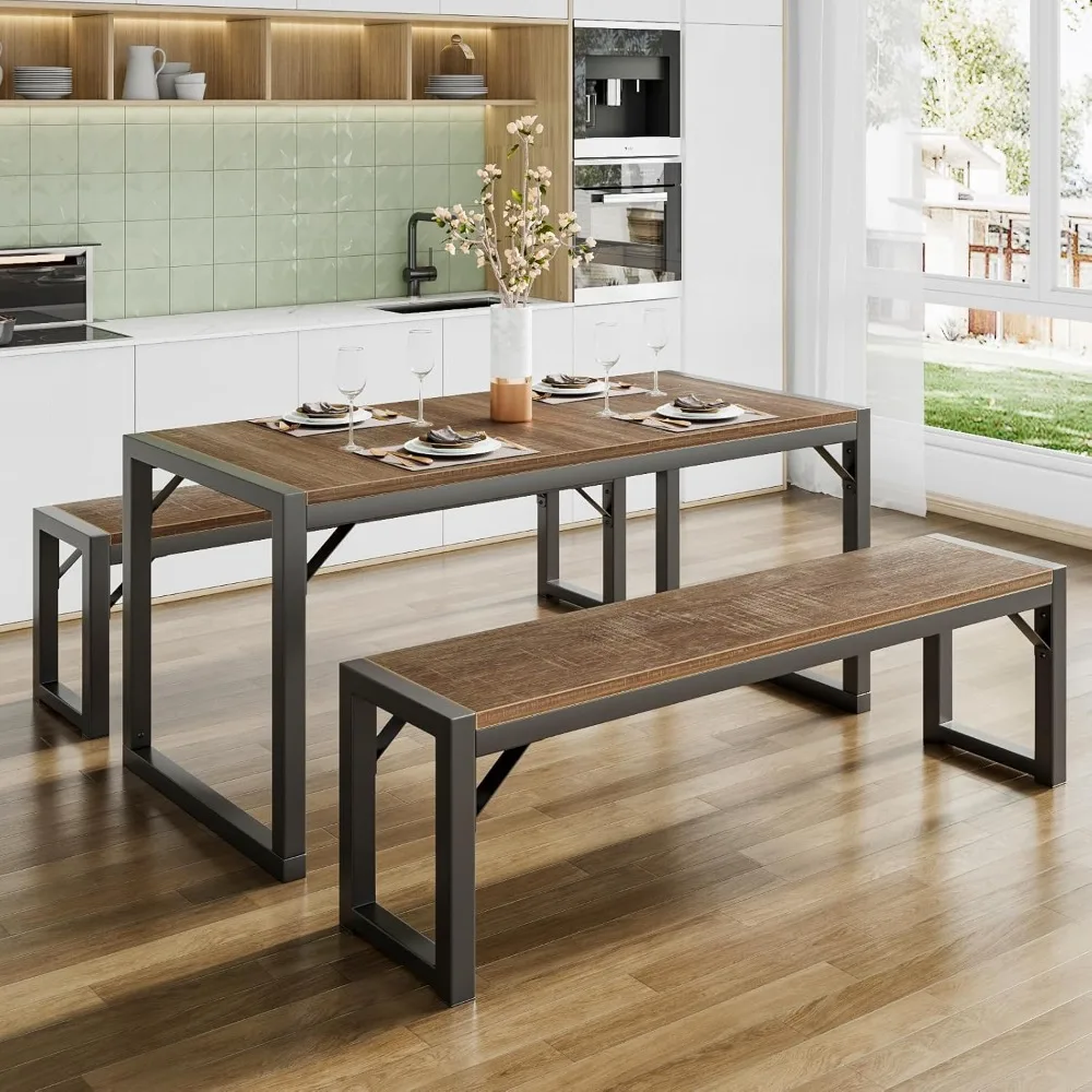 Kitchen Dining Table Set for 4 with Benches, Rustic Small Space Saving Dinette, Heavy Duty Metal Frame