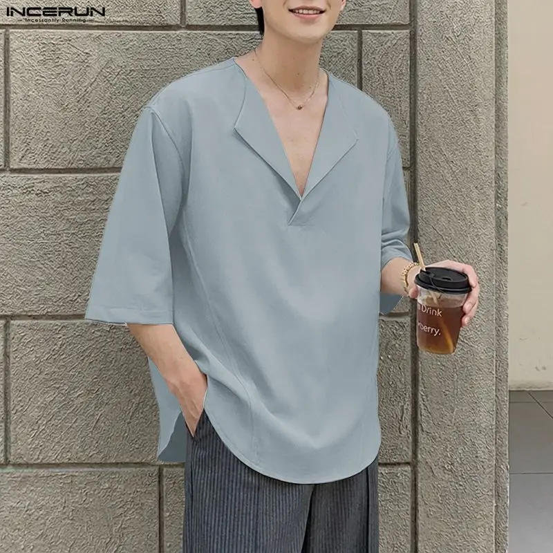 Men Shirt Solid Color V Neck Half Sleeve Loose Casual Male Shirts Streetwear 2026 Men Clothing Summer Korean Style Tops INCERUN