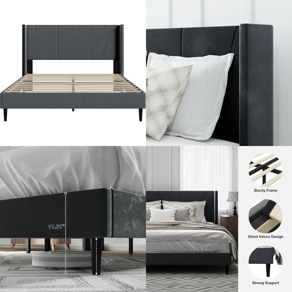 

Роскошная бархатная кровать-платформа с мягким изголовьем, прочными деревянными ламелями, без пружин, простая сборка, тихий сон в спальне