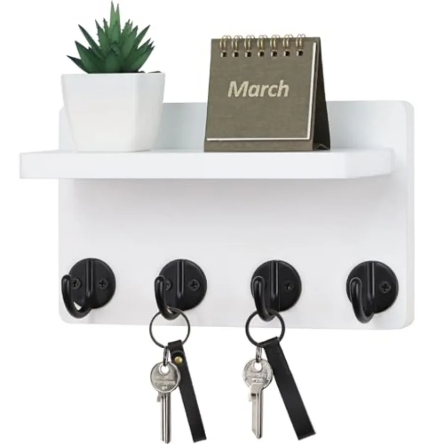 

Key Holder Wall Mount, 8.5 Inch Small Home Decor Wooden Wall Organizer with 4 Hooks and Shelf, Wall Decor for Living Room Entry