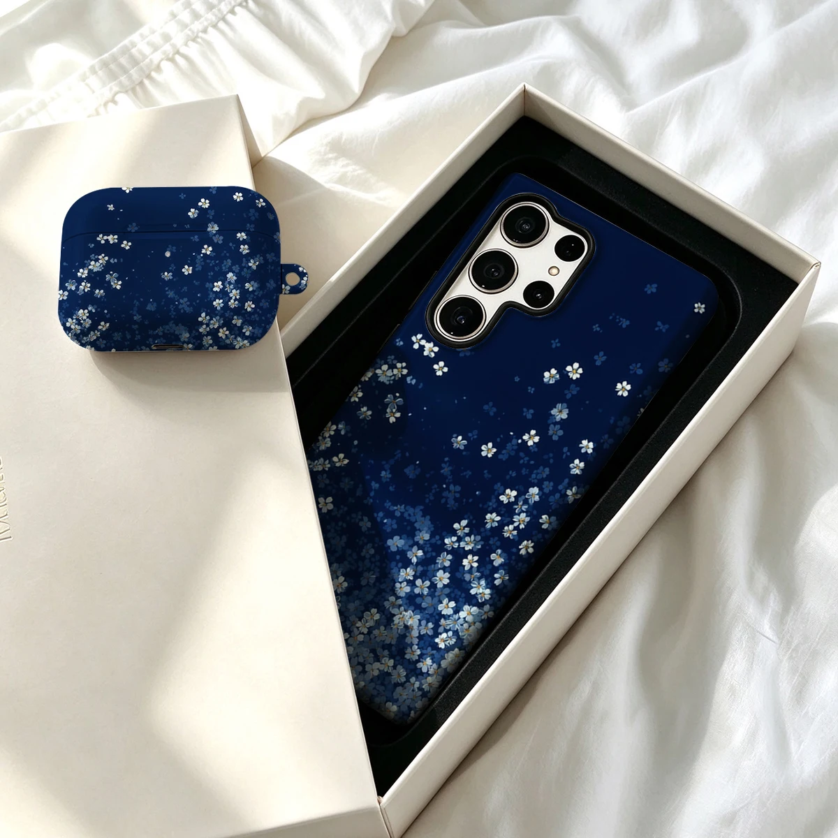 Pirve Phone Case For Samsung Galaxy S26 S25 Ultra S24 S23 Plus Shockproof Double Layer Tough Back White Flowers Navy Cover