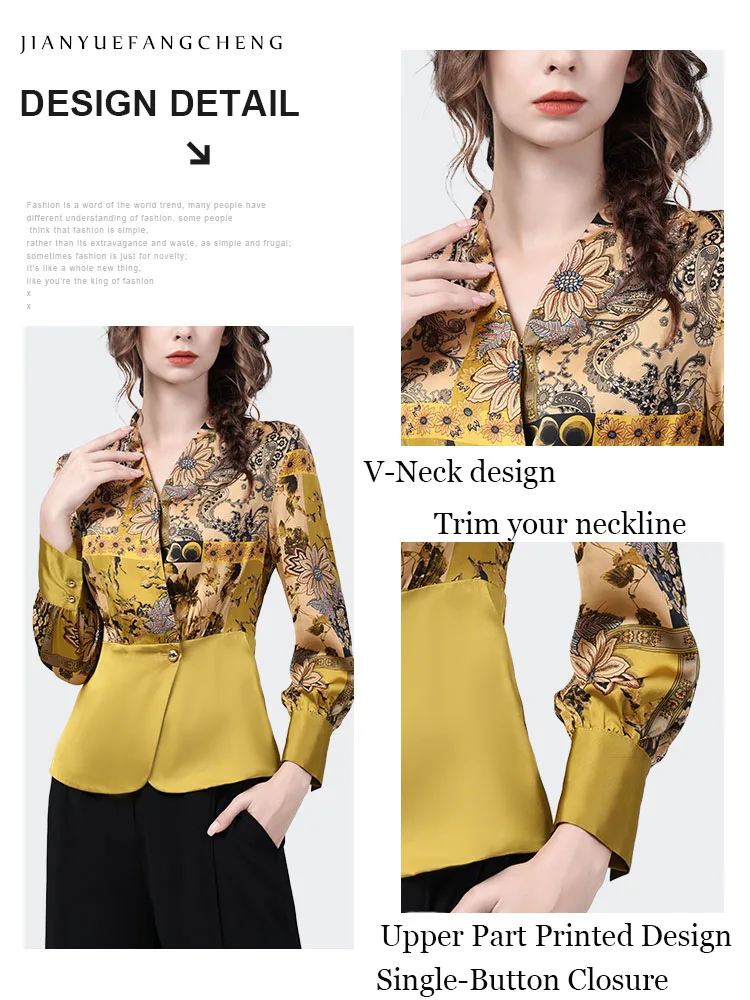 Gorgeous Yellow Satin Printing Blouse Women 2022 Autumn New Long Sleeve V-Neck Single-Button Shirt Elegant Slim Ladies Work Tops