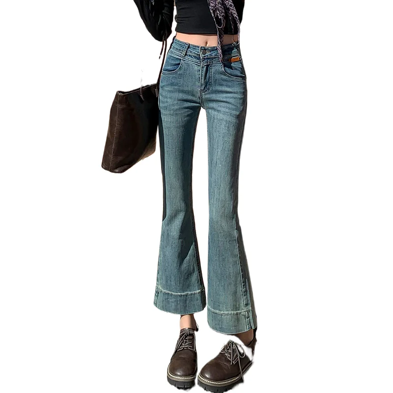 

Уличные модные синие брюки-клеш с лунным светом, женские новые узкие джинсы с высокой талией Four Seasons, повседневные джинсовые брюки с девятью точками