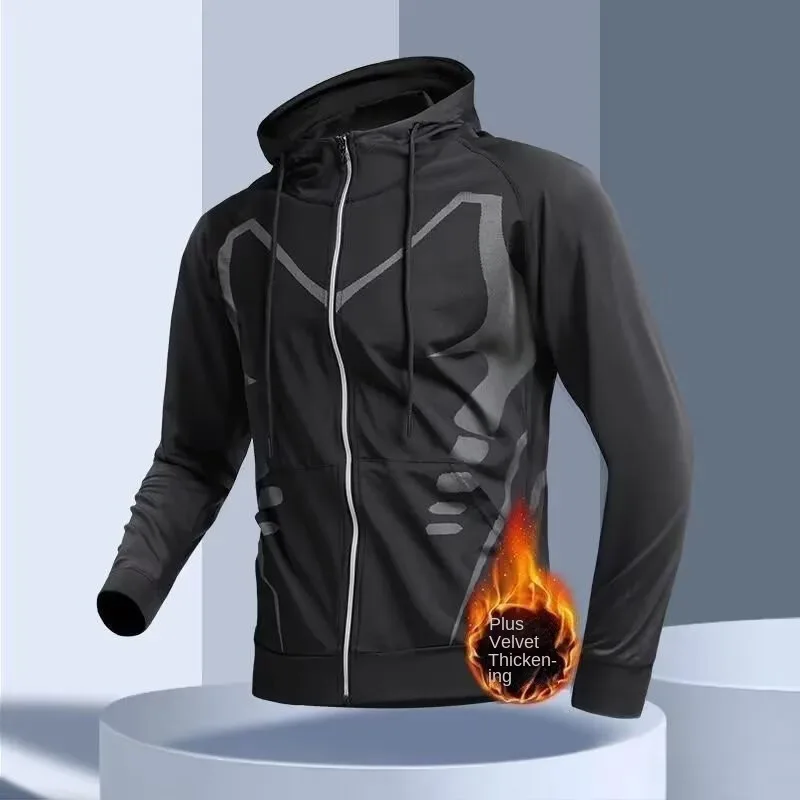 

Fitness clothes, men's fleece sports jacket, running speed drying jacket, hooded autumn cycling long sleeved morning running tra