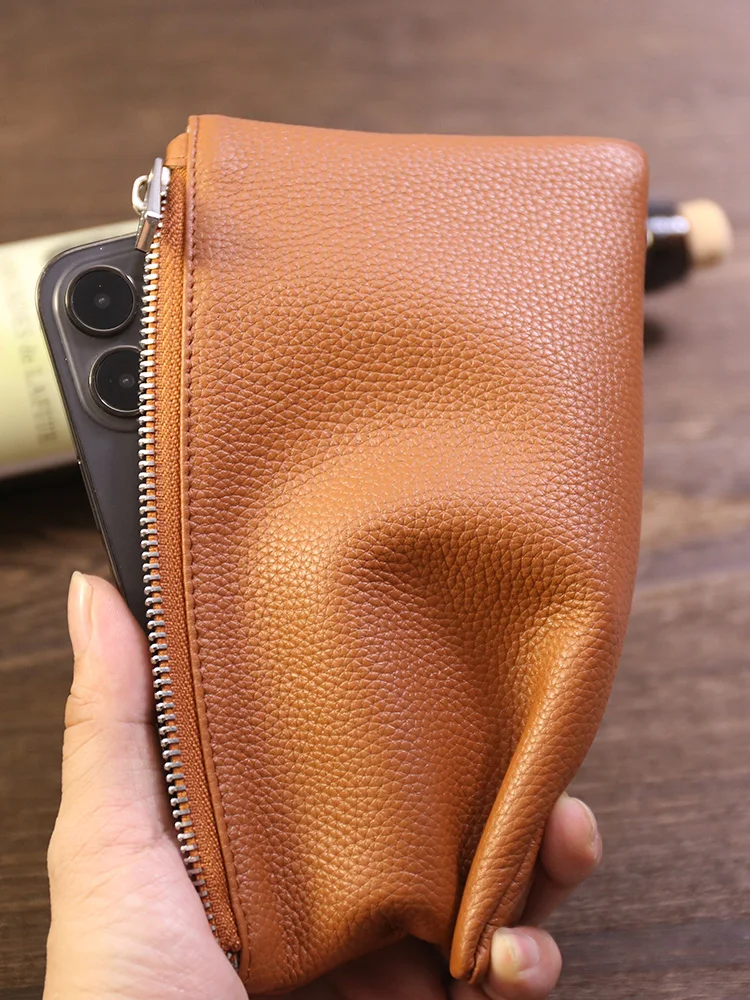 Genuine Leather Wallet Zipper Long Large Capacity Phone Card Money Clip Coin Purse Solid Color Litchi Pattern  Clutch Bag