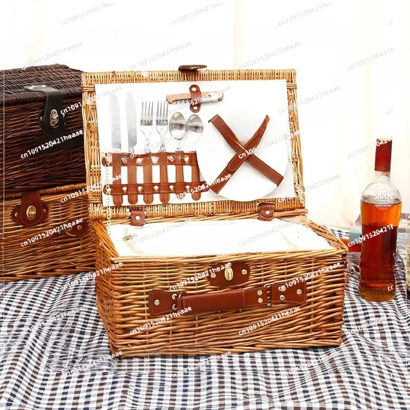 Suitable for Rattan Wicker Basket for Outdoor Picnics, Household Storage, and Holding Fruits, Steaks, Vegetables with Cutlery