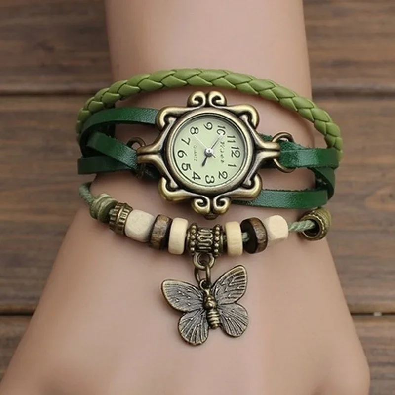 Women\'s Casual Vintage Multilayer Butterfly Faux Leather Bracelet Wrist Watch Ladies Female Clock Fashion Bracelet Watch