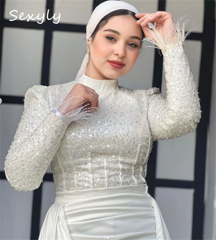 Vestidos de novia árabes de lujo con sobrefalda de tren elegante musulmán turco sirena vestido de novia con pluma de talla grande personalizado