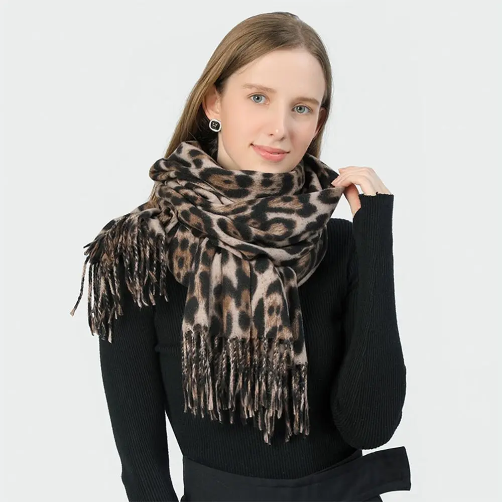 Faux Cashmere cachecol longo cobertor para mulheres, estampa de leopardo, confortável pescoço quente, robusto, inverno, novo