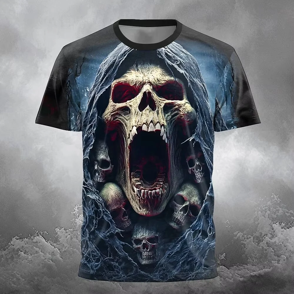 Men Gothic Grim Reaper Skull Graphic T Shirt Halloween Punk Skeleton Print Y2K Hip Hop Family Matching Casual Fitness Tops