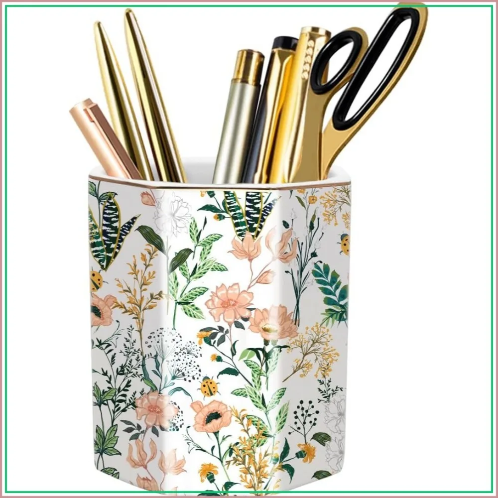Elegant White Flower Ceramic Pen Holder, Desk Organizer for Office & Home, Pencil Cup & Makeup Brush Holder