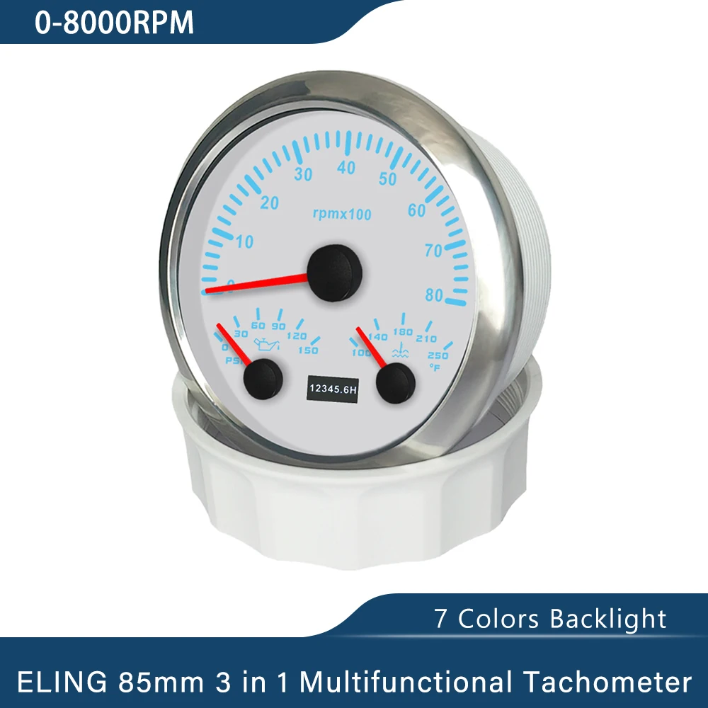 

ELING 85 мм 3 в 1 Многофункциональный тахометр 3000 об/мин, 4000 об/мин, 0-6000 об/мин с давлением масла, температурой воды, 7 цветов, подсветка для автомобиля