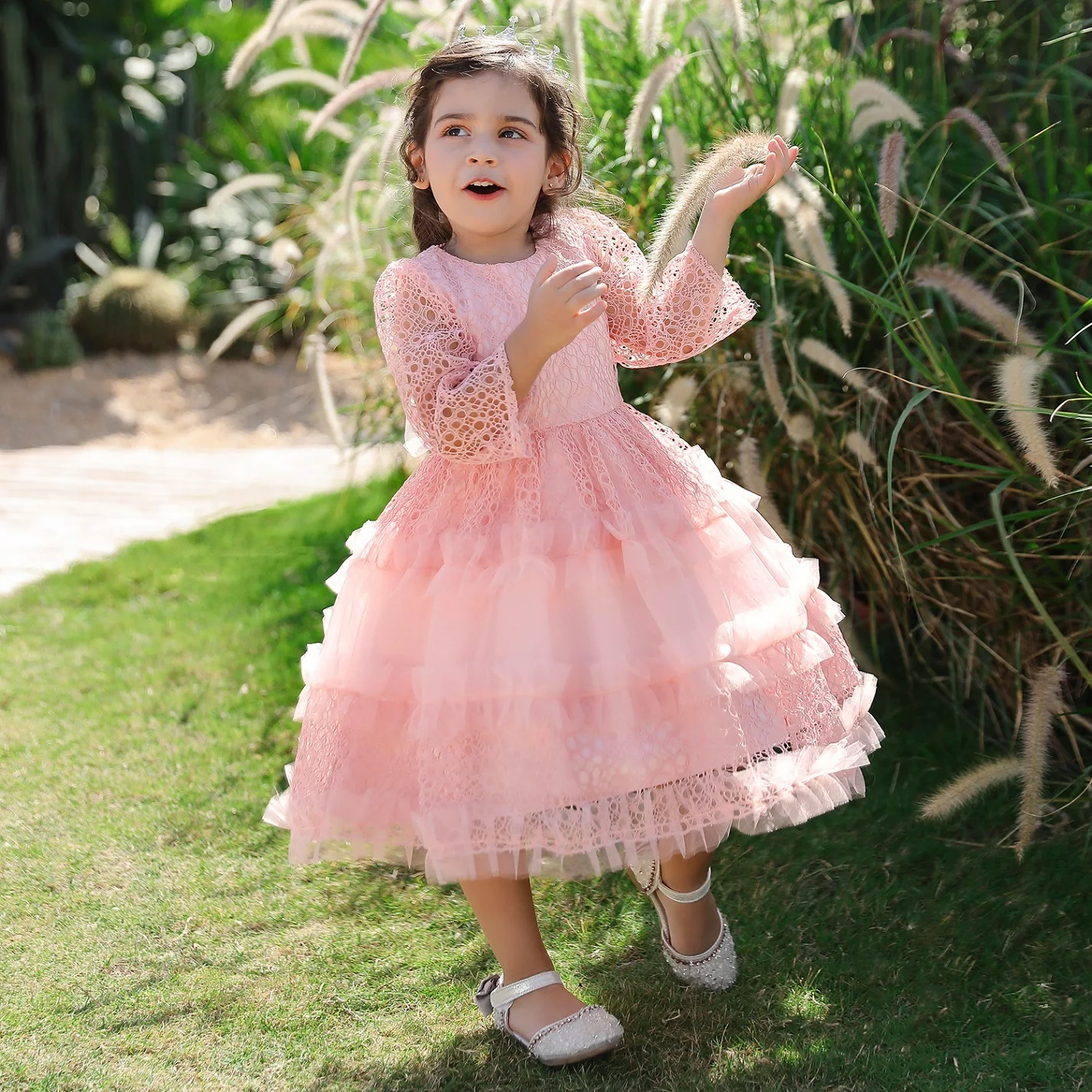 Girls Dresses Wedding Party 4 Colors 80cm-120cm Pink Dress Children Skirt Ball Gown Long Sleeve Lace Vestidos Birthday