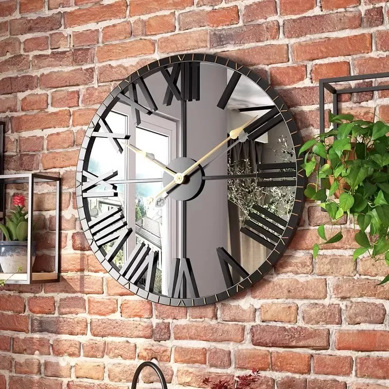 for European Round Wrought Iron Mirror Wall Clock Silent Living Room Home Decor Quartz Watch