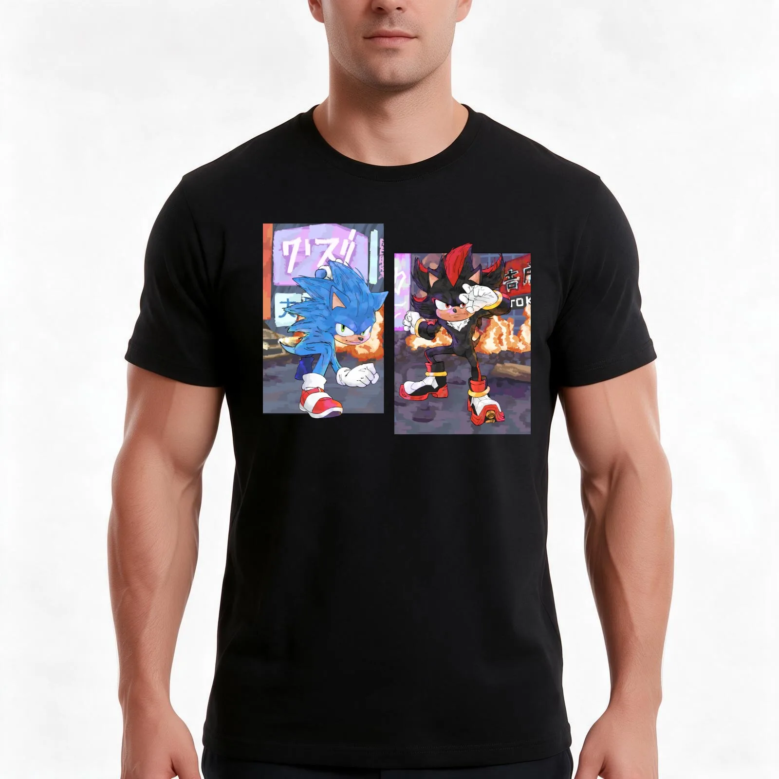 hedgehogs sayajins pose T-Shirt, Summer Casual Cotton Tee, Oversized Streetwear Tops, Vintage Graphic Print, Unisex Men Women