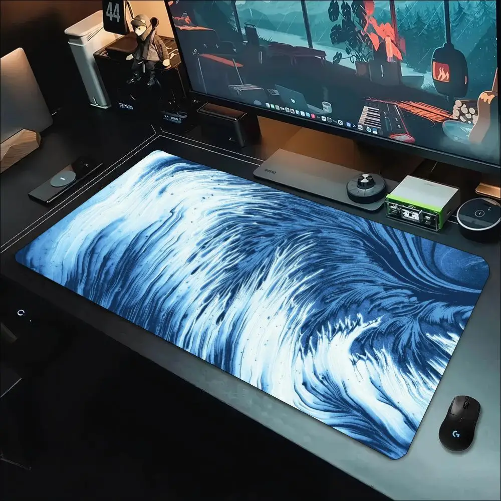 Ink Wash Wave Texture Large Extended Mouse Pad Non-Slip Rubber Stitched Edges Print Desk Mat for Gaming Setup Office Desk